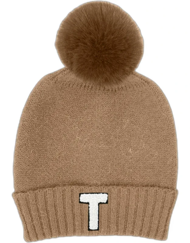 Initial Monogram Faux Fur Pom Pom Knit Beanie Hat