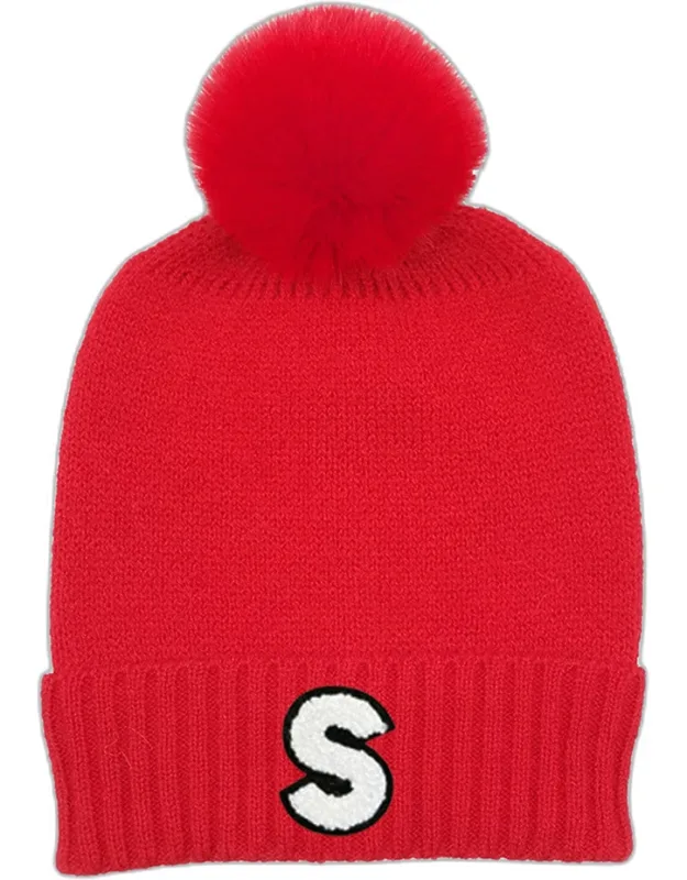 Initial Monogram Faux Fur Pom Pom Knit Beanie Hat