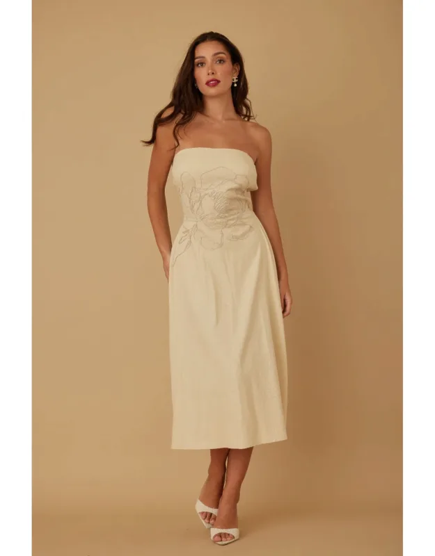 Flower Lining Linen Pattern Strapless Dress