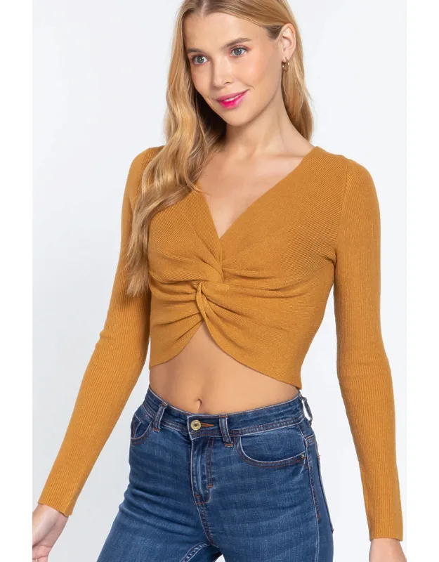 V-neck Front Knotted Crop Sweater