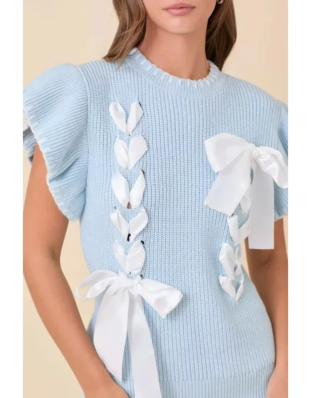 Weaved Ribbon Bow Detail Sweater Knit Top