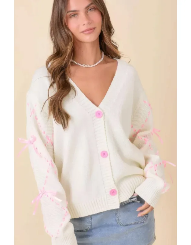 Hand Sewn Satin Ribbon Detail On Sleeve Cardigan