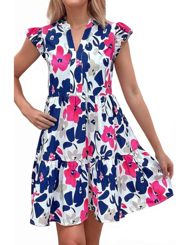 Notched Neck Flutter Sleeve Mini Dress