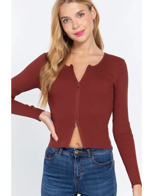 Rib Sweater Top With Front Zipper