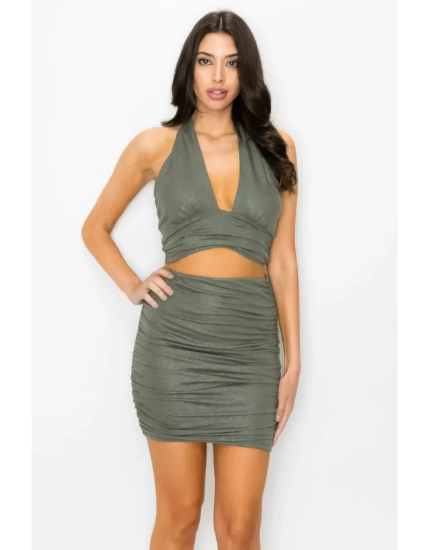 Glittered Tie Top & Ruching Skirt Set