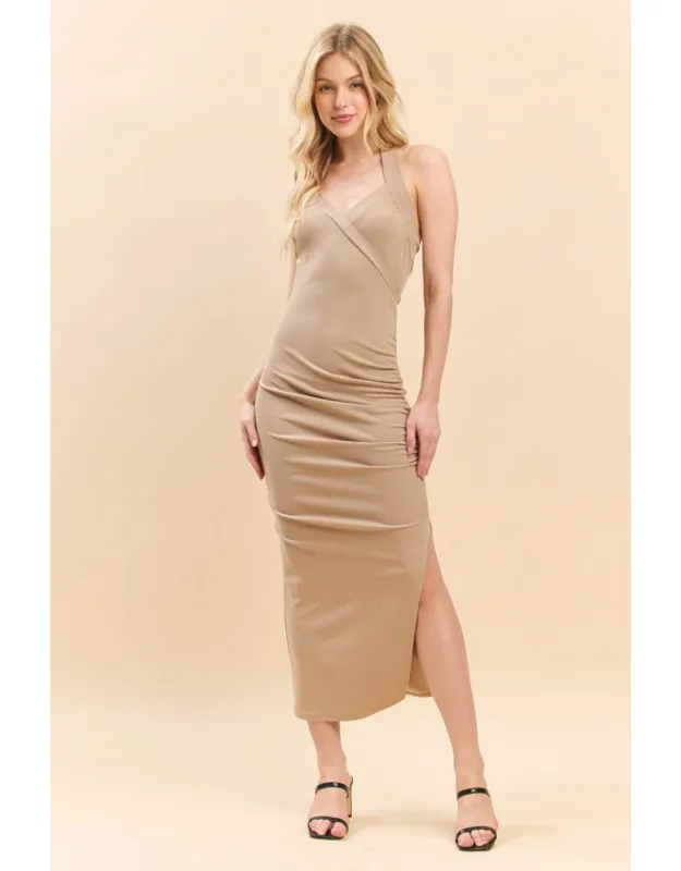 Halter Neck Ruched Asymmetrical Side Slit Dress