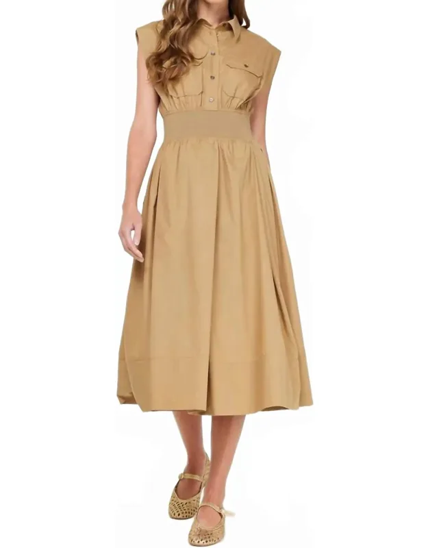 Shirt Collar Cap Sleeved Midi Dress
