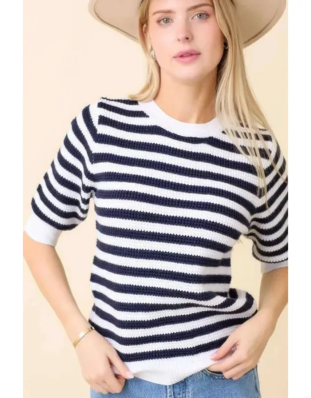 Short Sleeve Sweater Knit Stripe Top