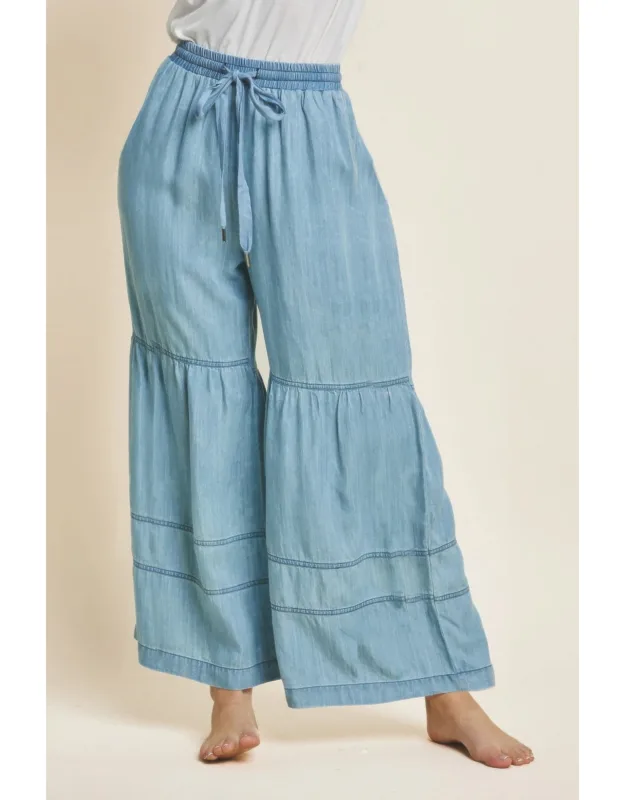 Washed Denim Tiered Wide Leg Pants