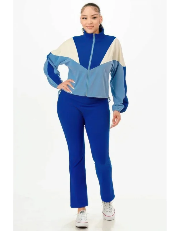 Color Blocked Jacket With Flare Pants Set