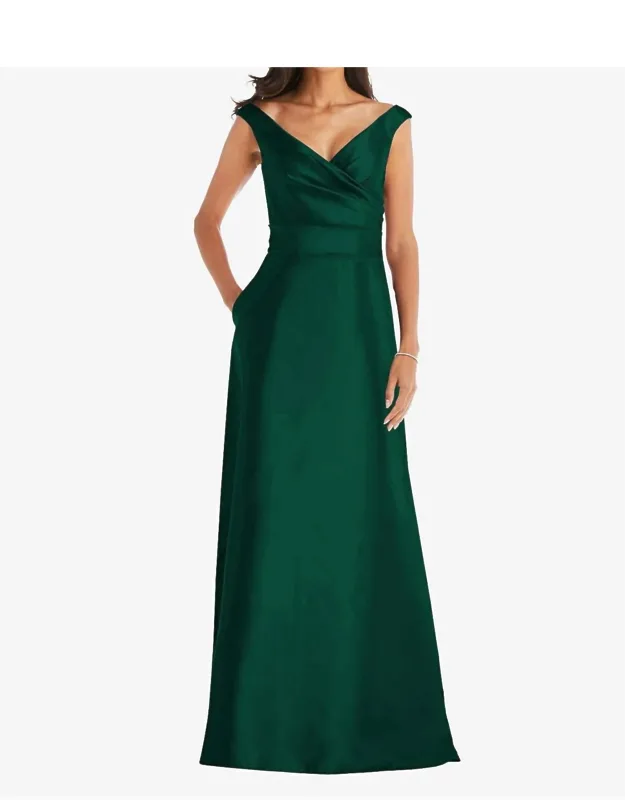 Off Shoulder Draped Wrap Satin Maxi Dress
