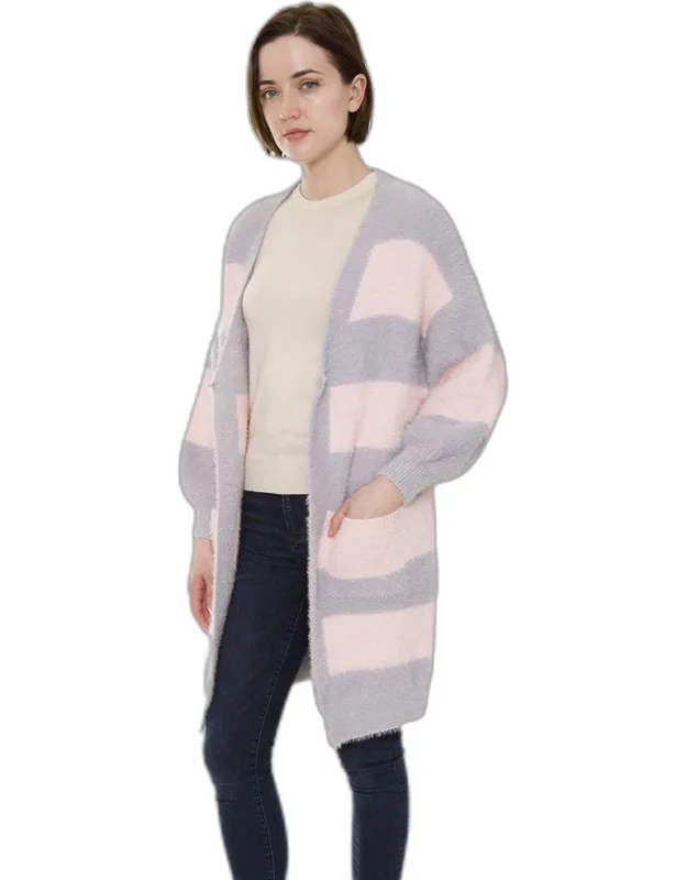 Two Tone Stripe Snap Fastener Pocket Balloon Sleeve Cardigan