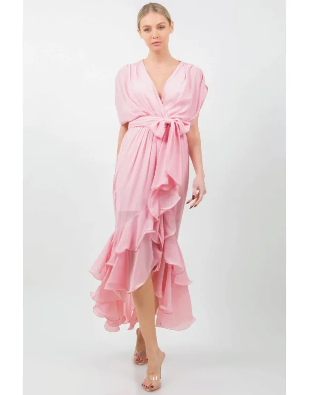 Solid Tie Waist Ruffle Midi Dress