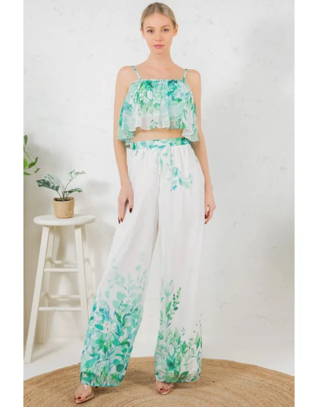 Printed Crop Top & Wide Leg Long Pants Set