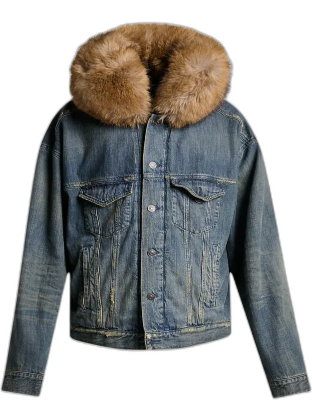 Faux Fur-trim Hooded Denim Trucker Jacket