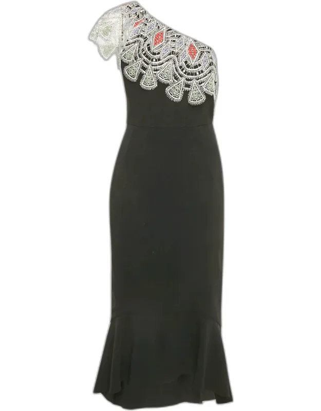 Crepe Lace Overlay One Shoulder Midi Dress