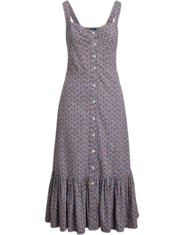 Floral Cotton Buttoned Midi Dress