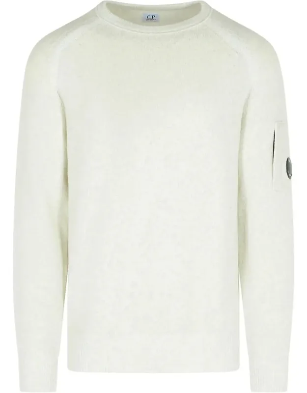 C. P. Company White Wool Blend Sweater With Ribbed Crew Neck And Zipper Pocket