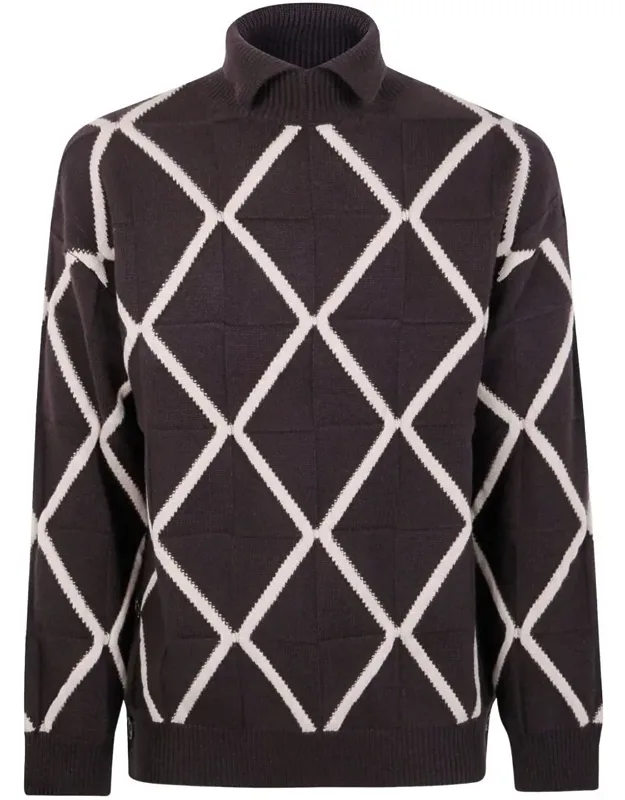 Sweater With Ribbed Polo Collar And Textured 3d Check Pattern