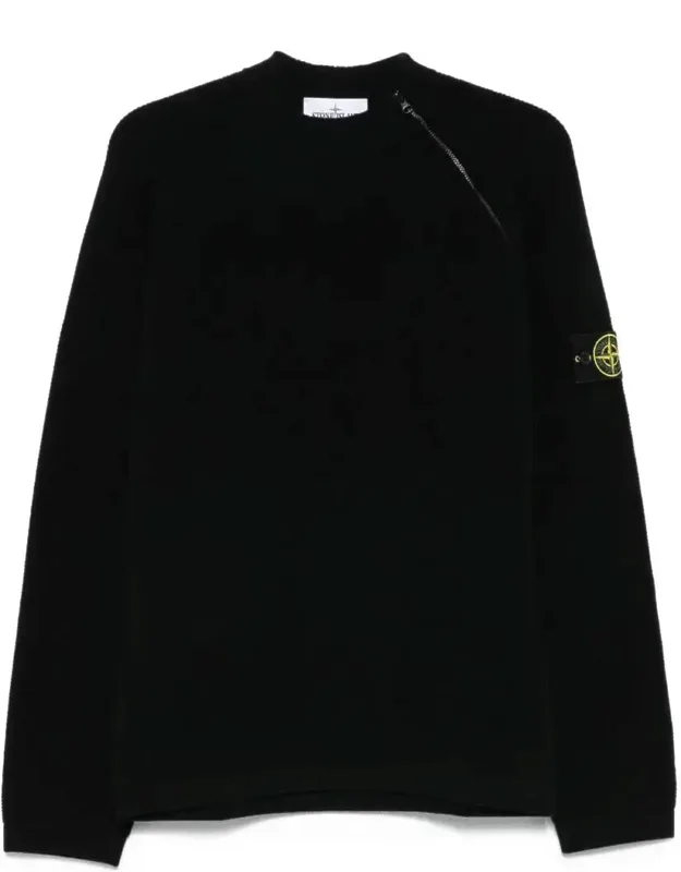 Sweater With Diagonal Zip Closure And Ribbed Mock Neck