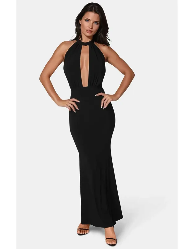 Plunge Neck Halter Floor Length Dress