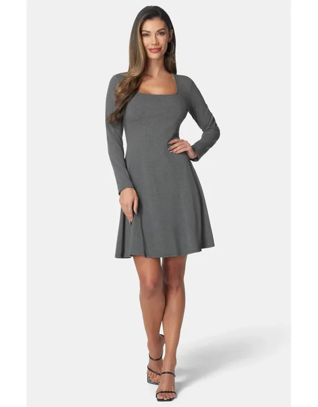 Rib Long Sleeve Godet Dress