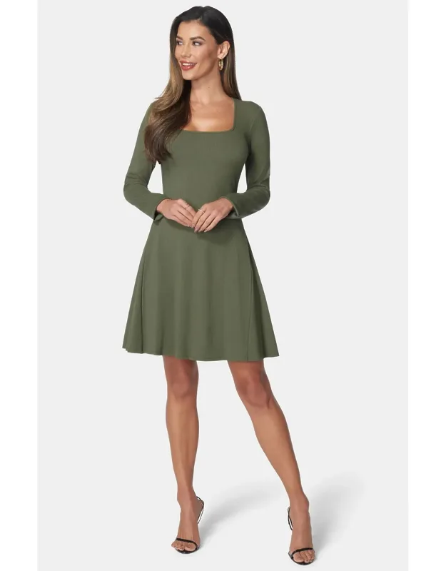 Rib Long Sleeve Godet Dress