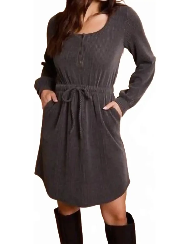 Scoop Neck Button Up Long Sleeve Mini Dress