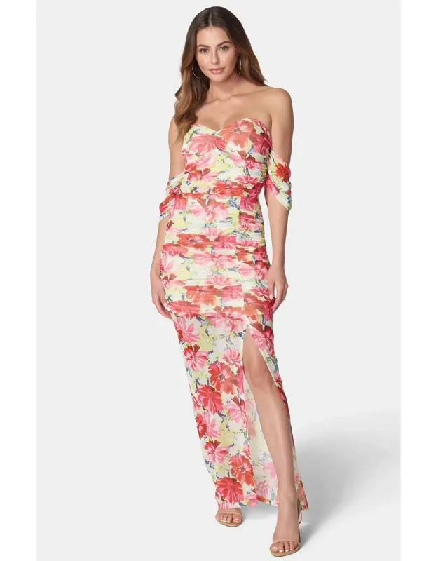Printed Off Shoulder Mesh Dress