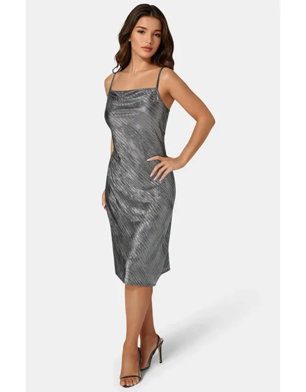 Foil Pleat Cowl Midi Dress