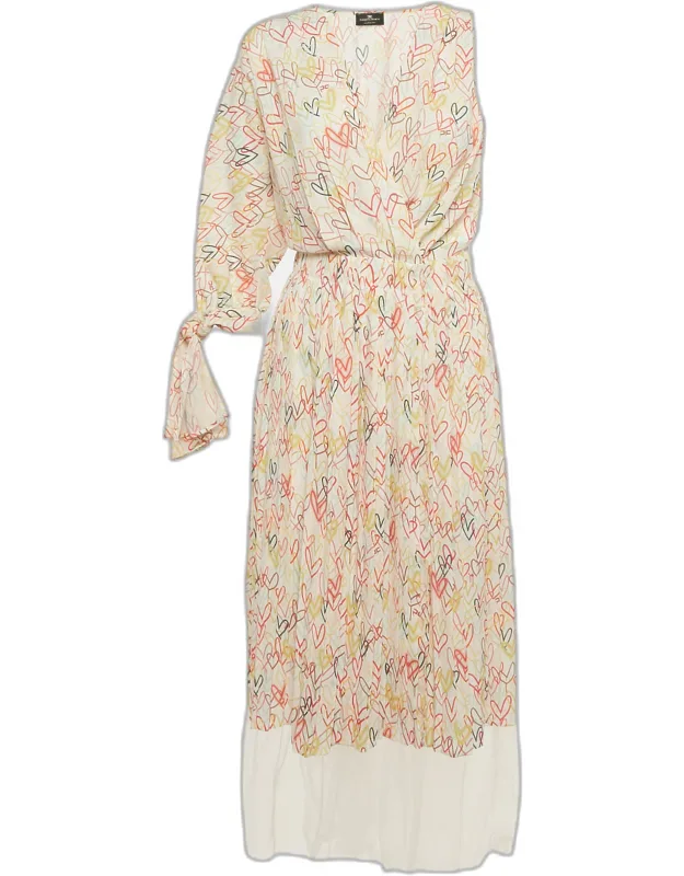 Multicolor Heart Print Crepe One Shoulder Midi Dress