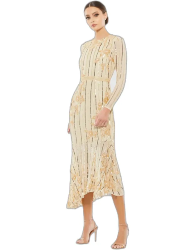 Long Sleeve Embellished Tea Length Dress