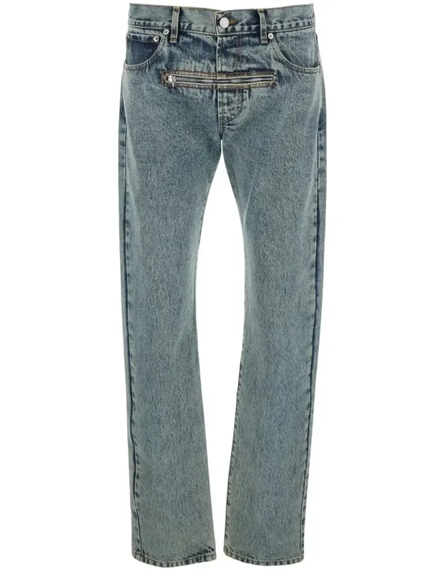 Light Blue Jeans With Belt Loops And Front Zip Pocket In Denim