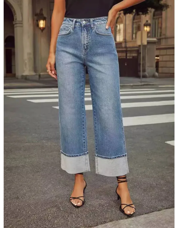 Loose Rolled Edge Cropped Jeans