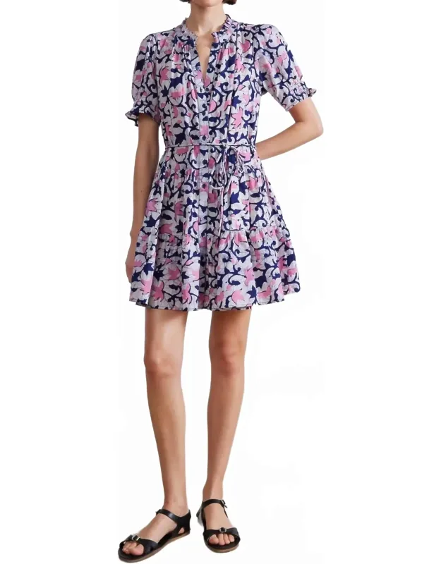 Las Alturas Mini Dress In Batik Rosa With V-neck And Tiered Skirt