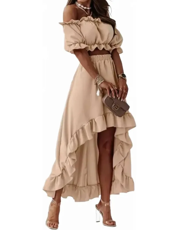 Off The Shoulder Cropped Hi Low Ruffled Two Piece Skirt Set