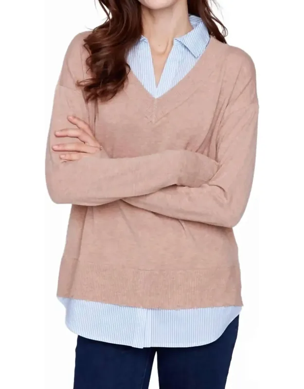 V-neck Fooler Sweater With Shirt Collar
