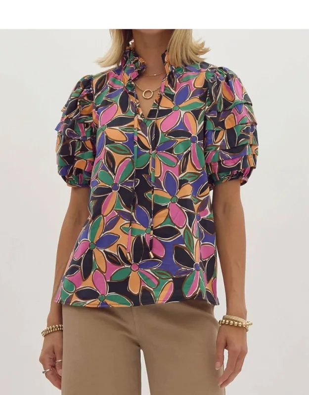 Floral Print Short Sleeve Tiered Blouse