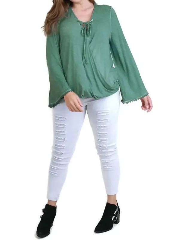 Drawstring Neckline Bell Sleeve Top