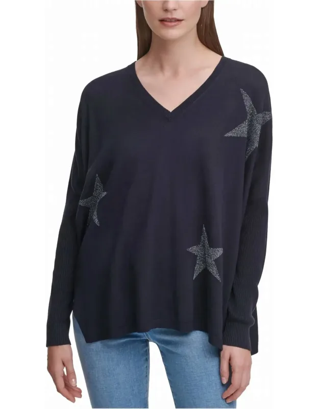 Glitter Star Print V-neck Pullover Sweater