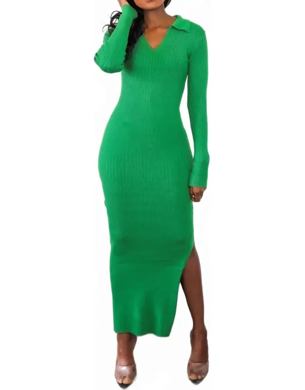 Collar Ribbed Long Sleeve Maxi Dress
