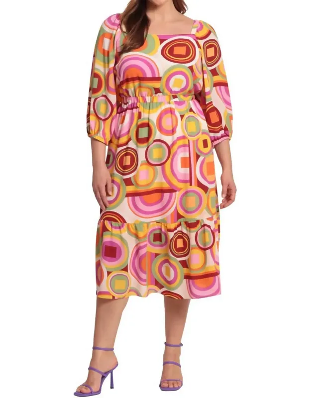 Abstract Print 3/4 Sleeve Midi Dress