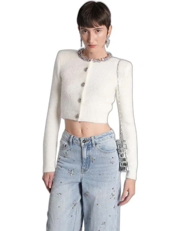 _self-portrait Cardigan With Crystals And Ribbed Knit_