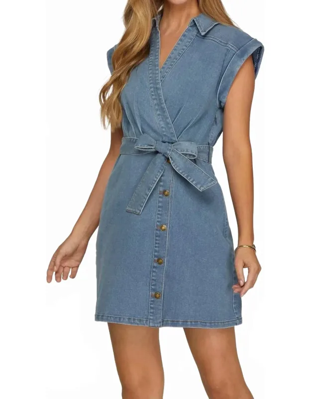 Short Sleeve Surplice V-neck Denim Mini Dress