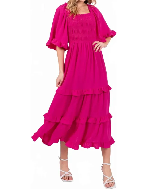 Bell Sleeve Square Neck Smocked Tiered Midi Dress