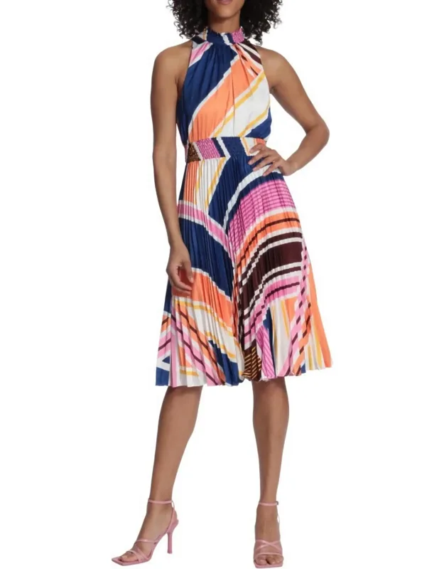Multi Print High Neck Pleated A-line Dress