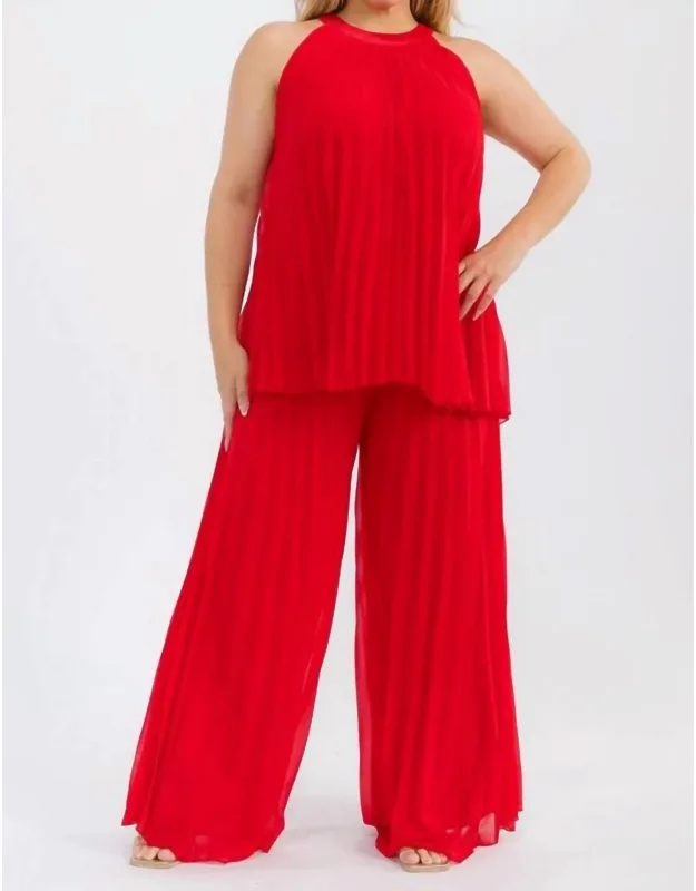 Pleated Sleeveless Blouse And Elastic Waist Pleated Wide Leg Pants Set