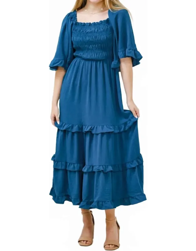 Bell Sleeve Square Neck Smocked Tiered Midi Dress
