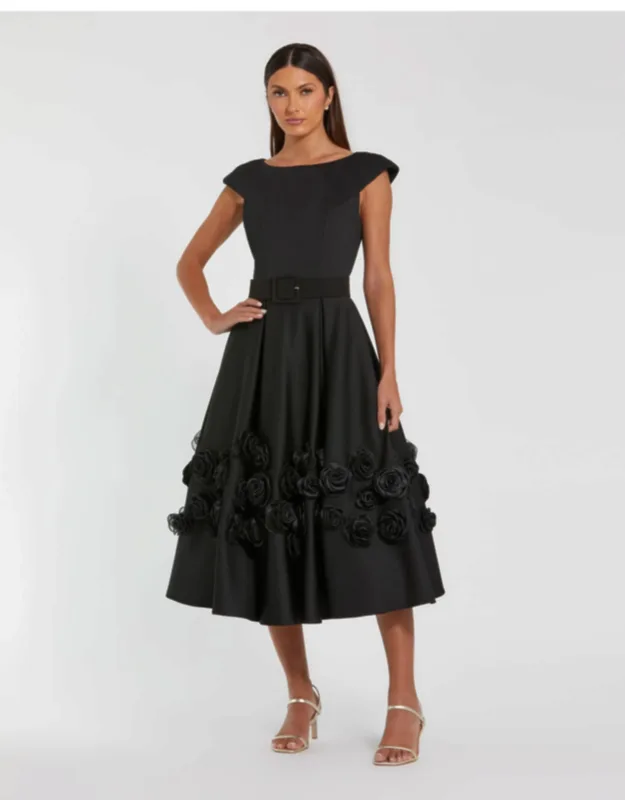 Cap Sleeve A Line Wedding Guest Midi Dress With 3d Flowers