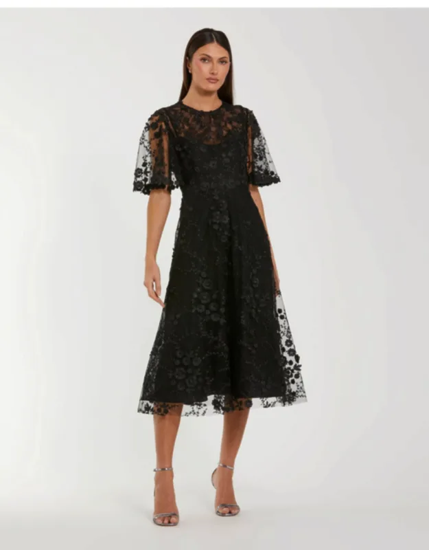 Flutter Sleeve Embroidered Wedding Guest Midi Dress